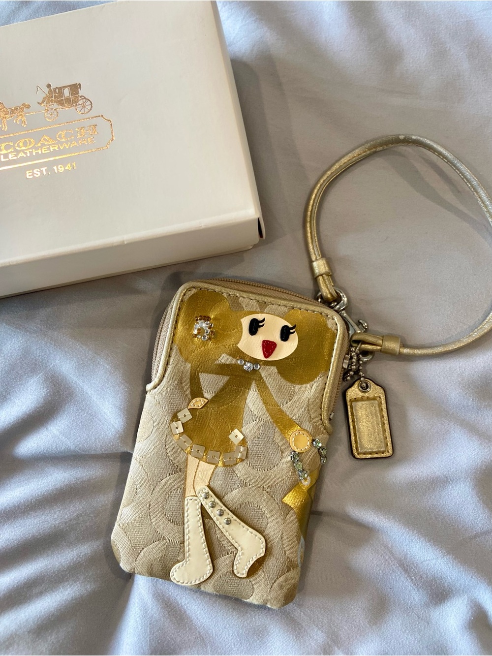 Coach x Poppy limited Edition Gold and Cream Goldy Wristlet Pouch